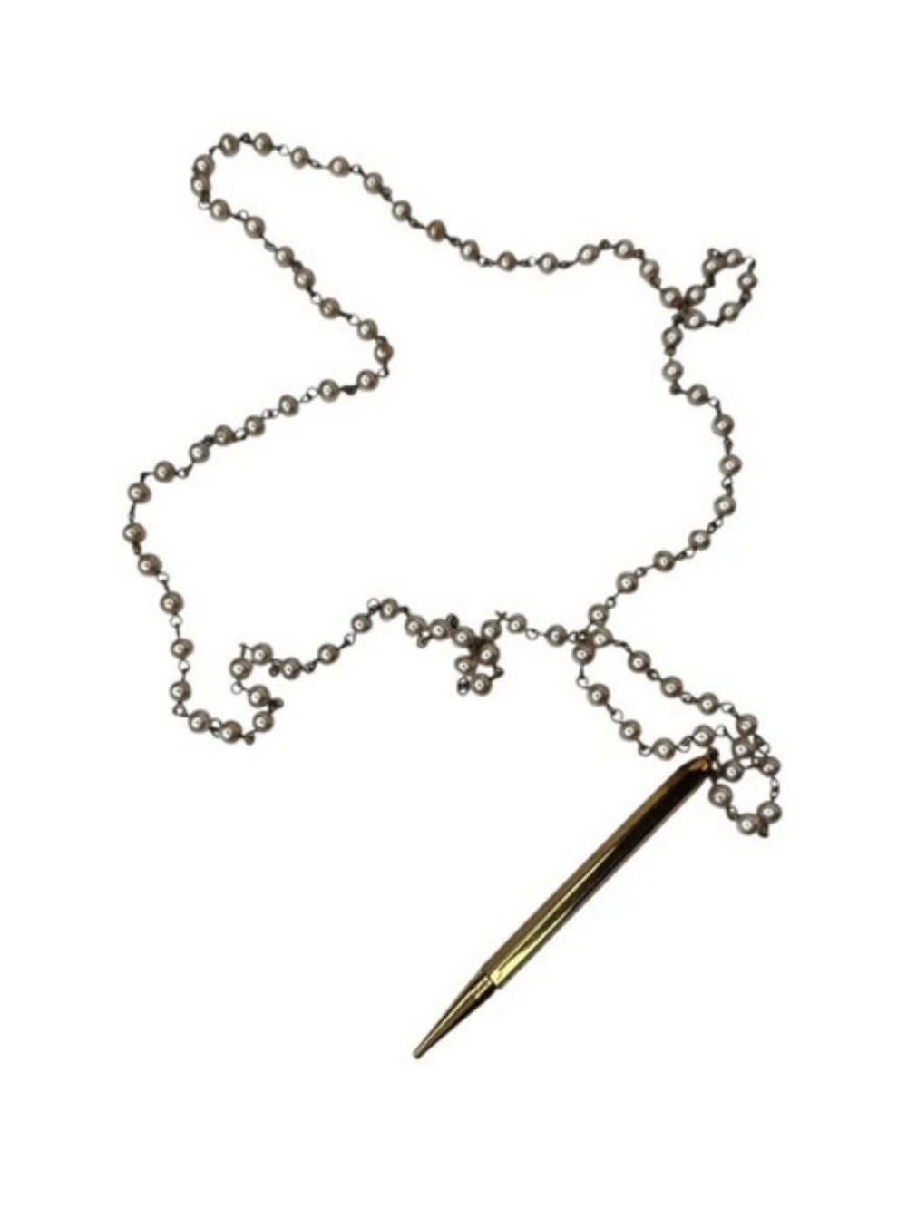 Vintage Gold Tone Metal Mechanical Pencil On Faux Pearl Chain